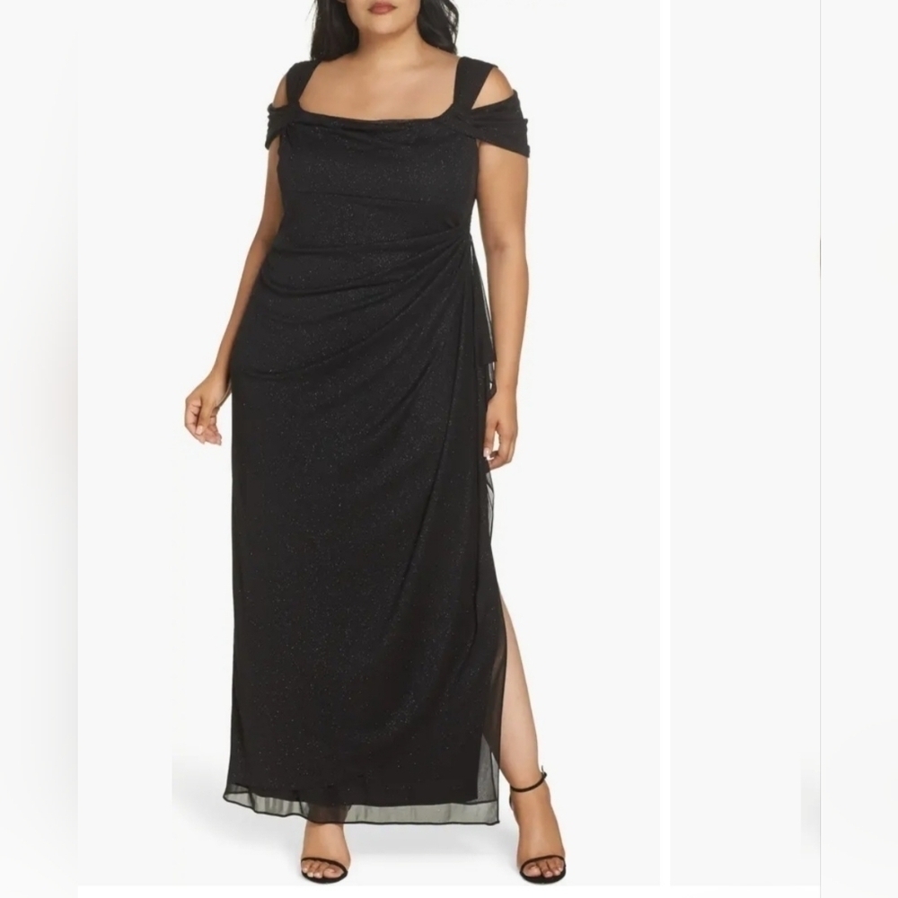 Alex Evenings Cold Shoulder Ruffle Draped Gown